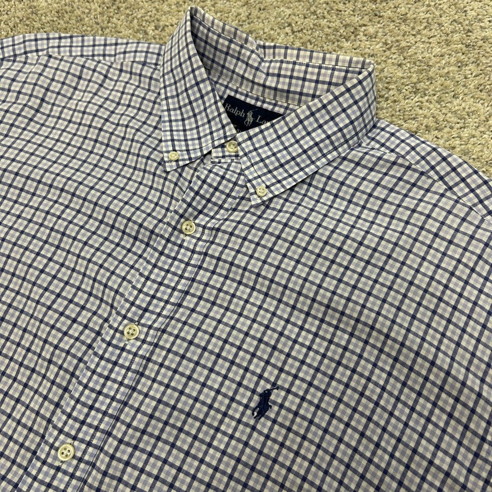 Ralph Lauren Button Down Shirt XL‎ Blue Gingham Blake Short Sleeve Cotton